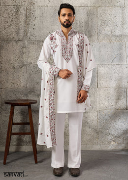 Pearl White Crepe Silk Kurta Pajama Set with Intricate Thread & Sequin Detailing