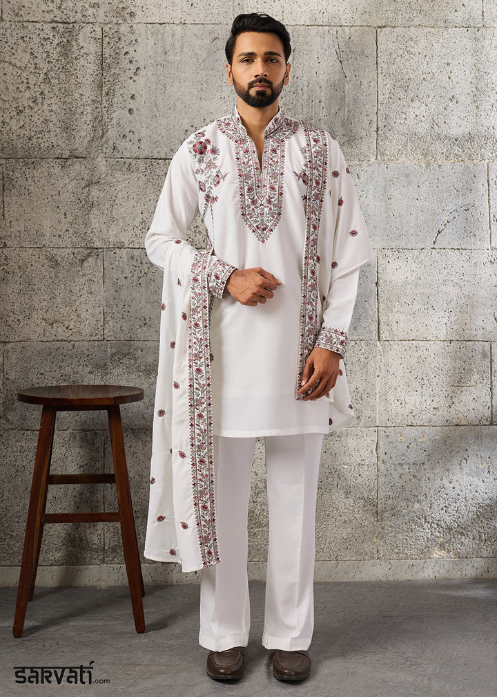 Pearl White Crepe Silk Kurta Pajama Set with Intricate Thread &amp; Sequin Detailing