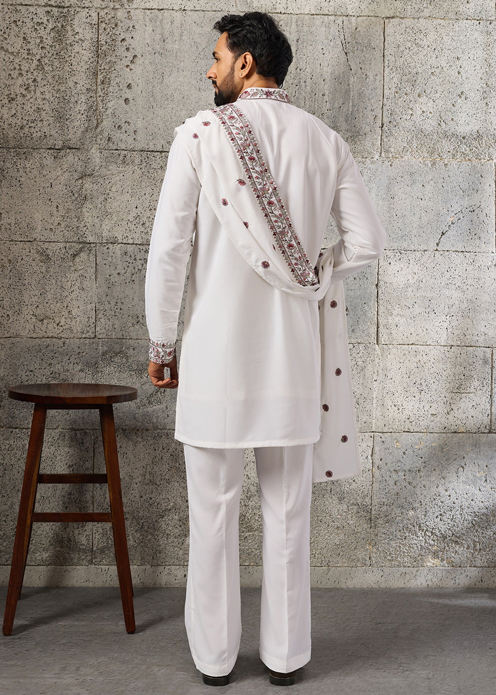 Pearl White Crepe Silk Kurta Pajama Set with Intricate Thread &amp; Sequin Detailing