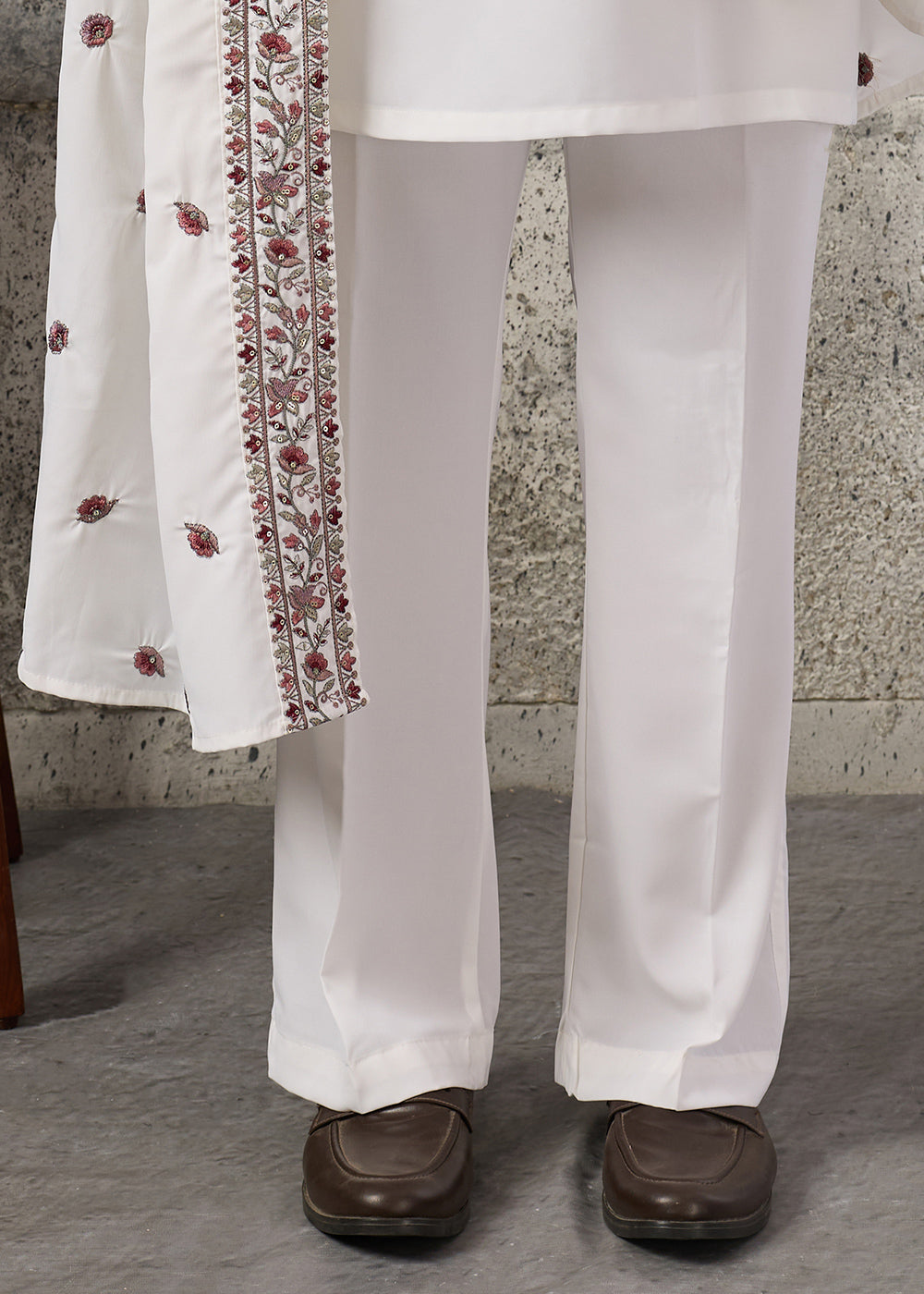 Pearl White Crepe Silk Kurta Pajama Set with Intricate Thread &amp; Sequin Detailing