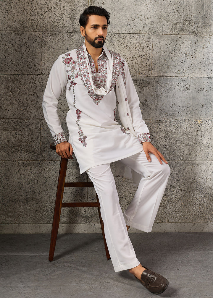 Pearl White Crepe Silk Kurta Pajama Set with Intricate Thread &amp; Sequin Detailing
