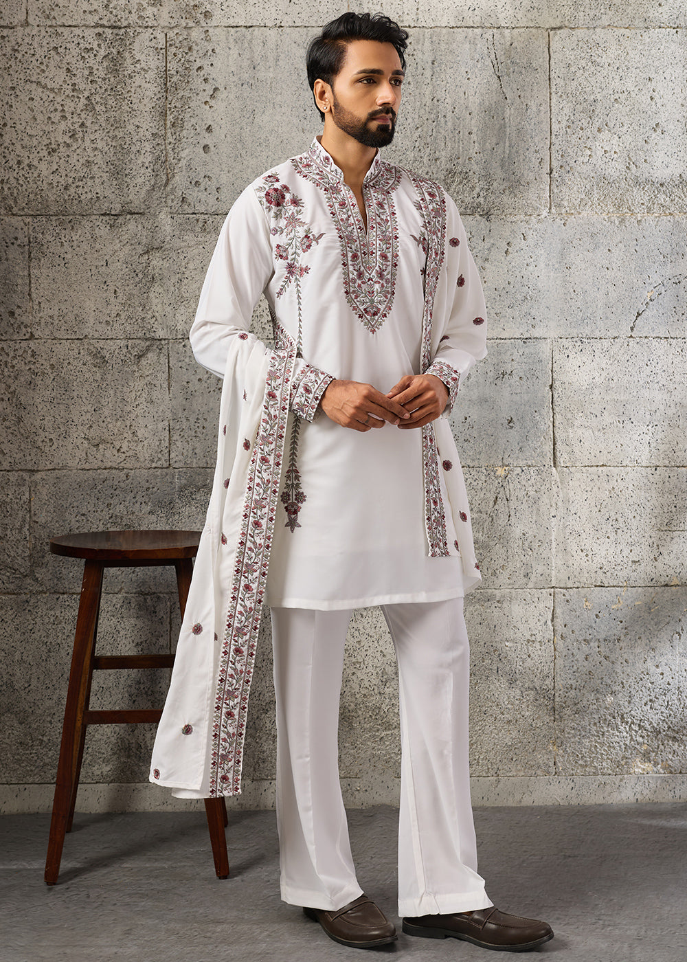 Pearl White Crepe Silk Kurta Pajama Set with Intricate Thread &amp; Sequin Detailing