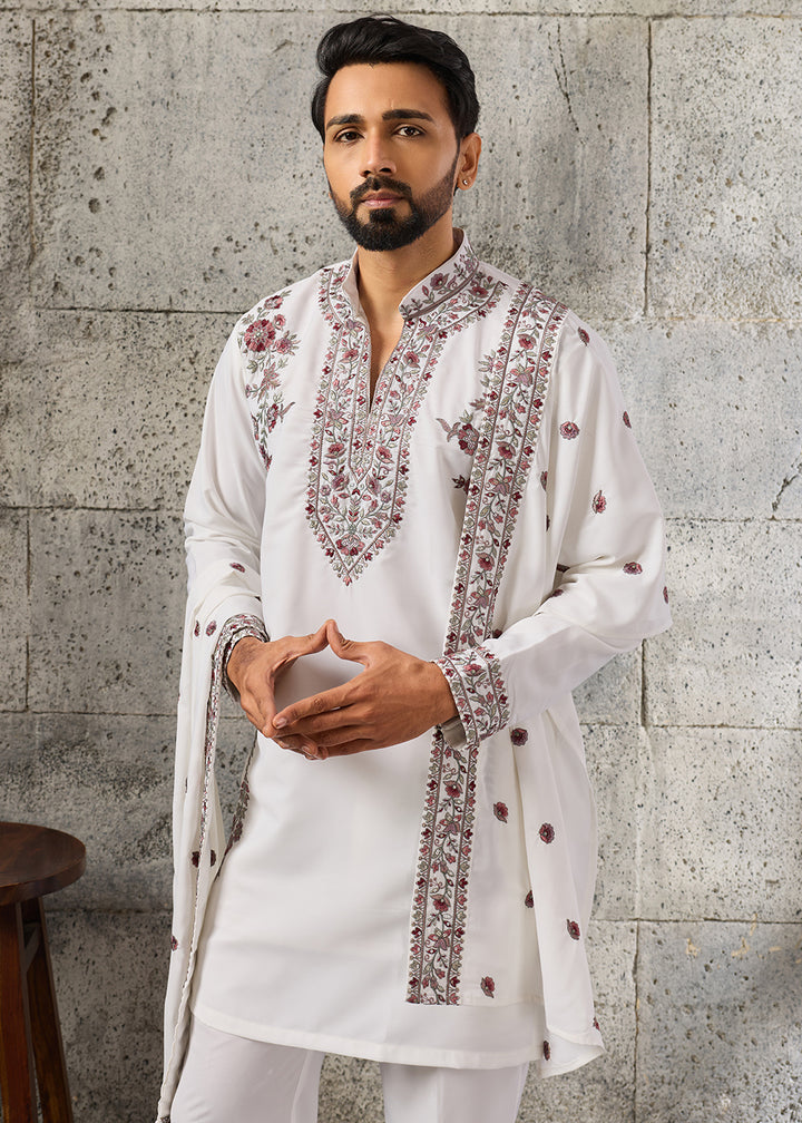 Pearl White Crepe Silk Kurta Pajama Set with Intricate Thread &amp; Sequin Detailing