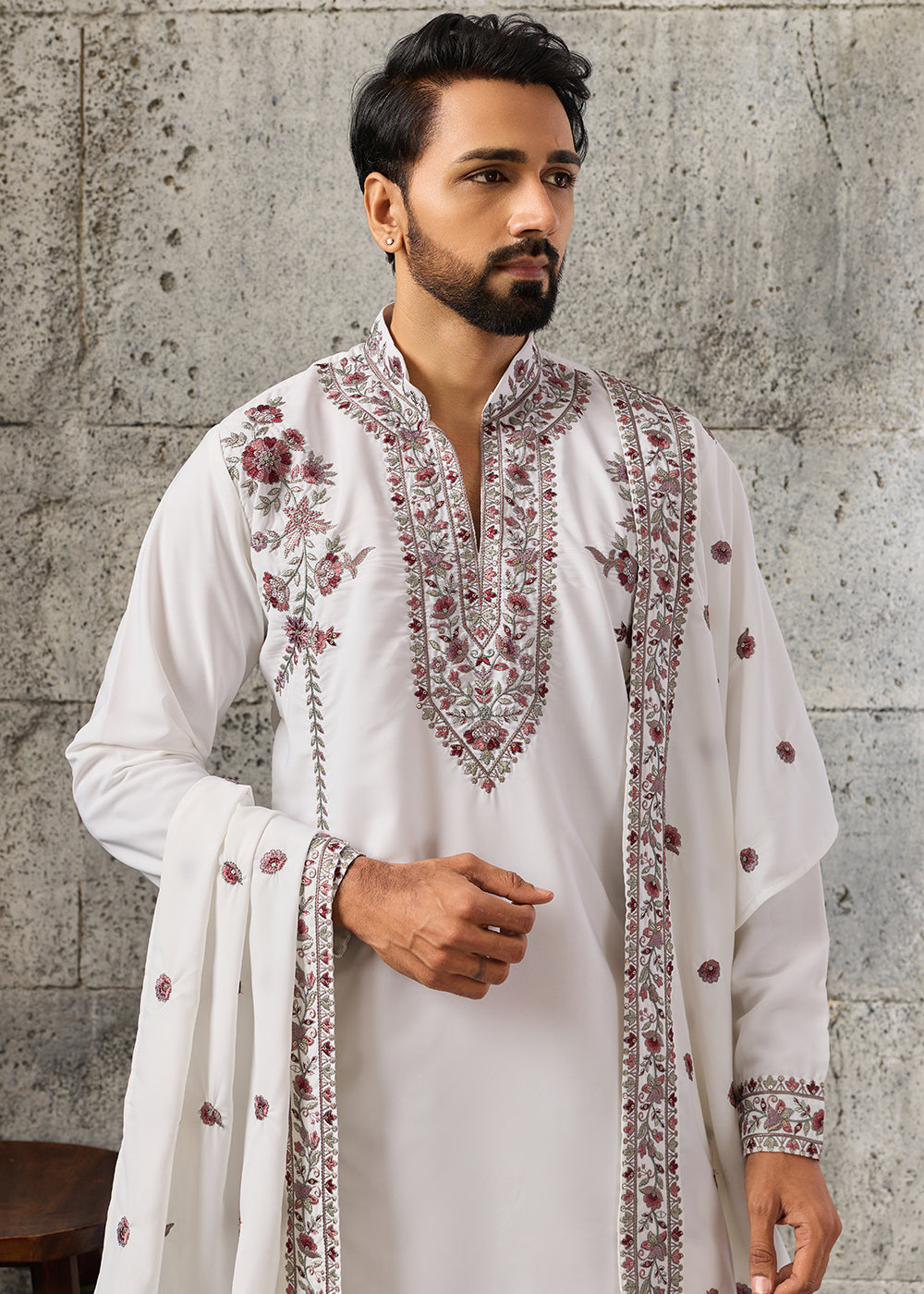 Pearl White Crepe Silk Kurta Pajama Set with Intricate Thread &amp; Sequin Detailing