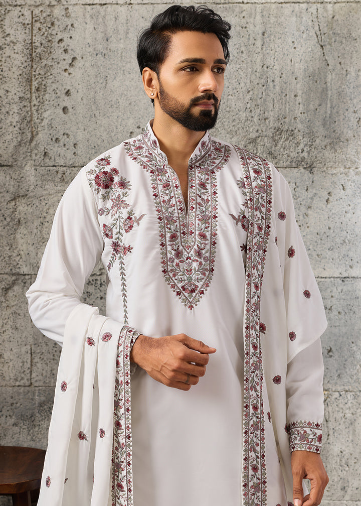 Pearl White Crepe Silk Kurta Pajama Set with Intricate Thread &amp; Sequin Detailing