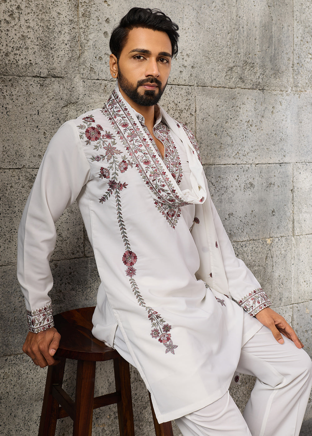 Pearl White Crepe Silk Kurta Pajama Set with Intricate Thread &amp; Sequin Detailing