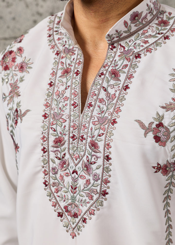 Pearl White Crepe Silk Kurta Pajama Set with Intricate Thread &amp; Sequin Detailing
