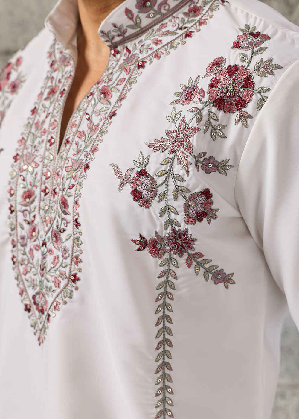 Pearl White Crepe Silk Kurta Pajama Set with Intricate Thread &amp; Sequin Detailing