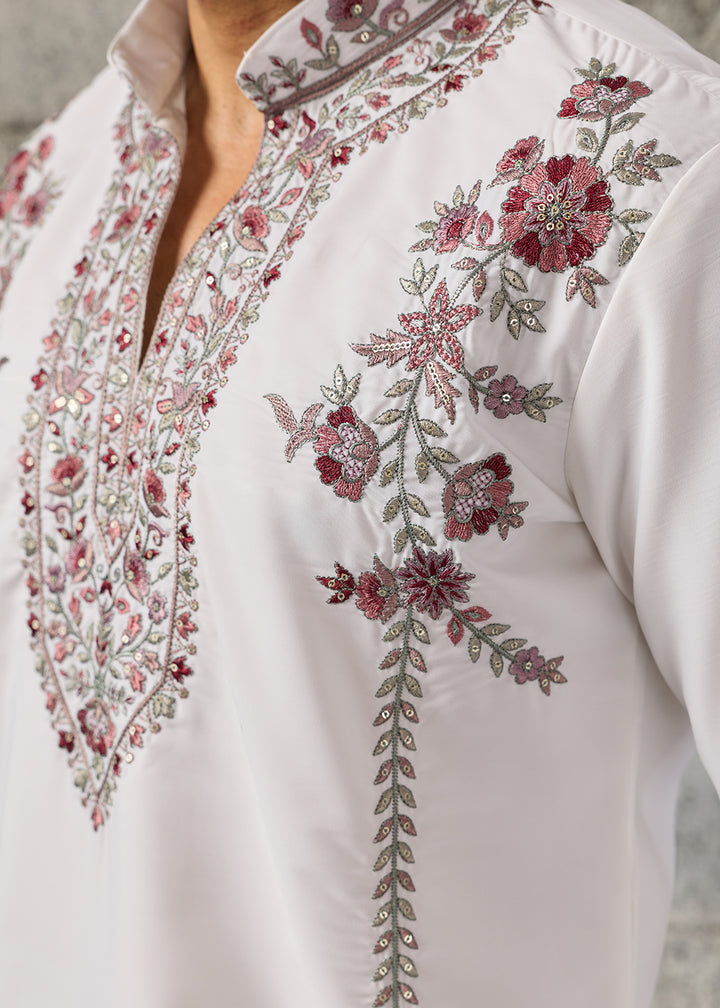 Pearl White Crepe Silk Kurta Pajama Set with Intricate Thread &amp; Sequin Detailing