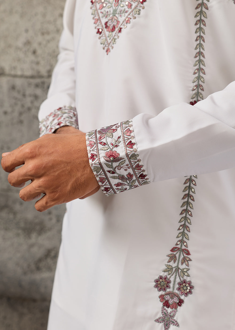 Pearl White Crepe Silk Kurta Pajama Set with Intricate Thread &amp; Sequin Detailing