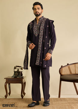 Rasin Purple Crepe Silk Kurta Pajama Set with Intricate Thread & Sequin Detailing