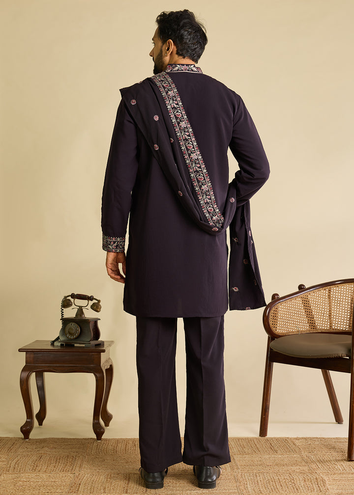 Rasin Purple Crepe Silk Kurta Pajama Set with Intricate Thread &amp; Sequin Detailing