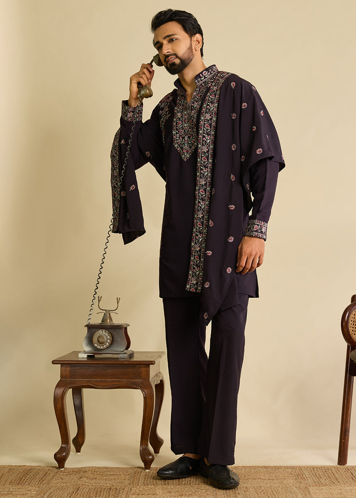 Rasin Purple Crepe Silk Kurta Pajama Set with Intricate Thread &amp; Sequin Detailing