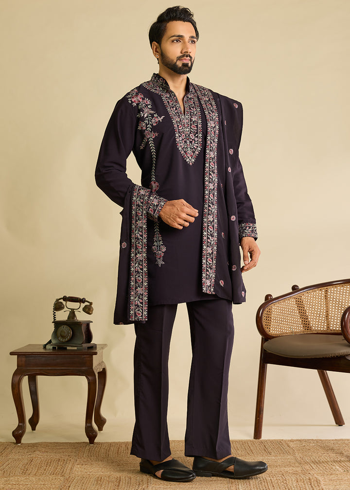 Rasin Purple Crepe Silk Kurta Pajama Set with Intricate Thread &amp; Sequin Detailing