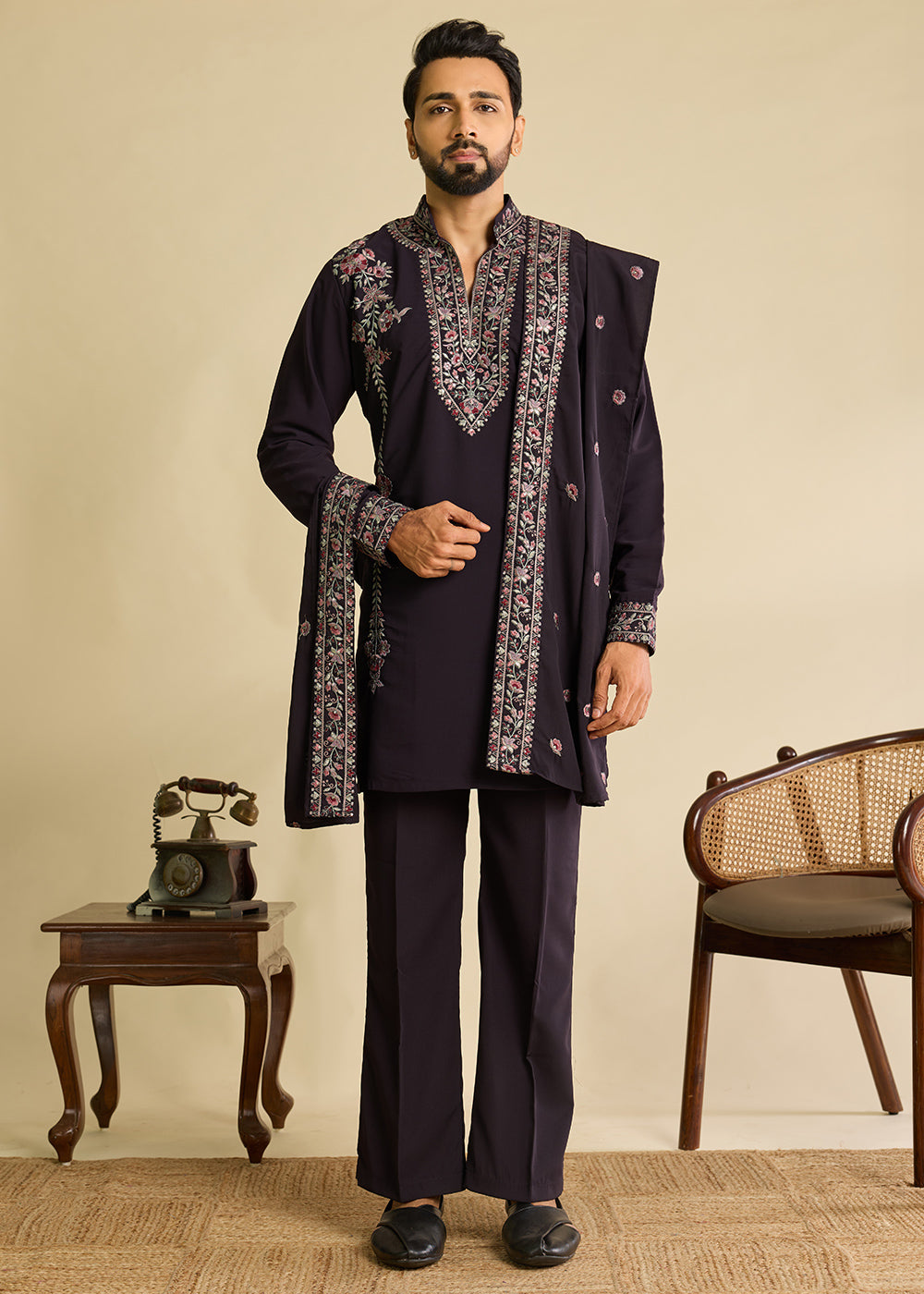 Rasin Purple Crepe Silk Kurta Pajama Set with Intricate Thread &amp; Sequin Detailing