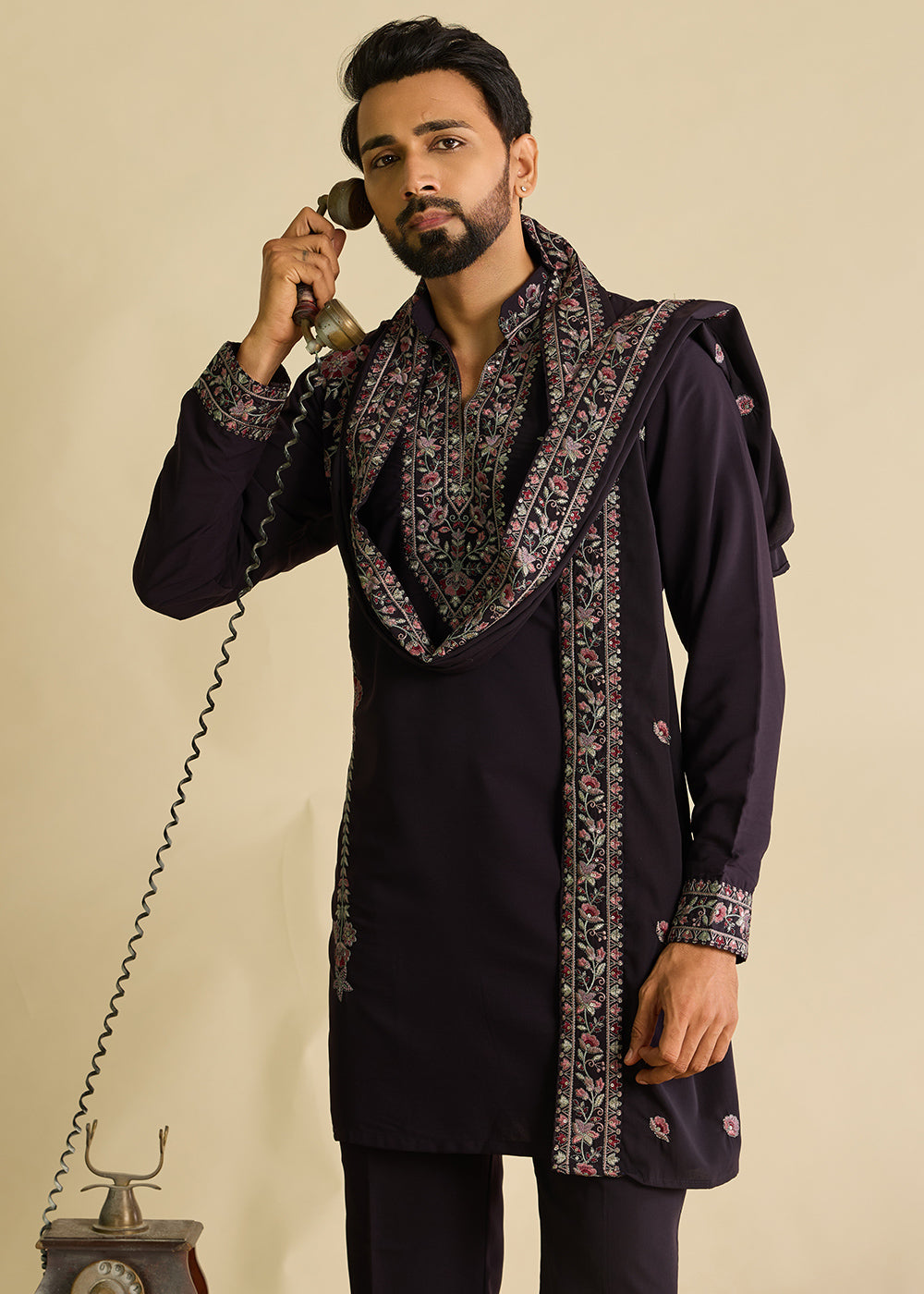 Rasin Purple Crepe Silk Kurta Pajama Set with Intricate Thread &amp; Sequin Detailing