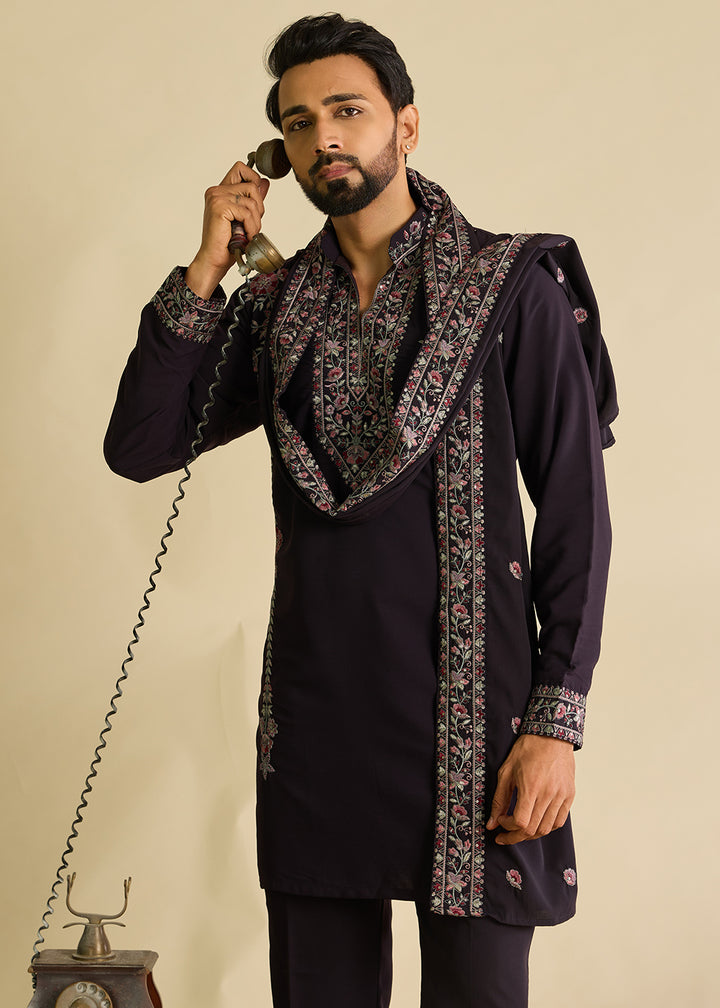 Rasin Purple Crepe Silk Kurta Pajama Set with Intricate Thread &amp; Sequin Detailing