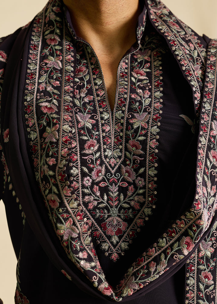 Rasin Purple Crepe Silk Kurta Pajama Set with Intricate Thread &amp; Sequin Detailing