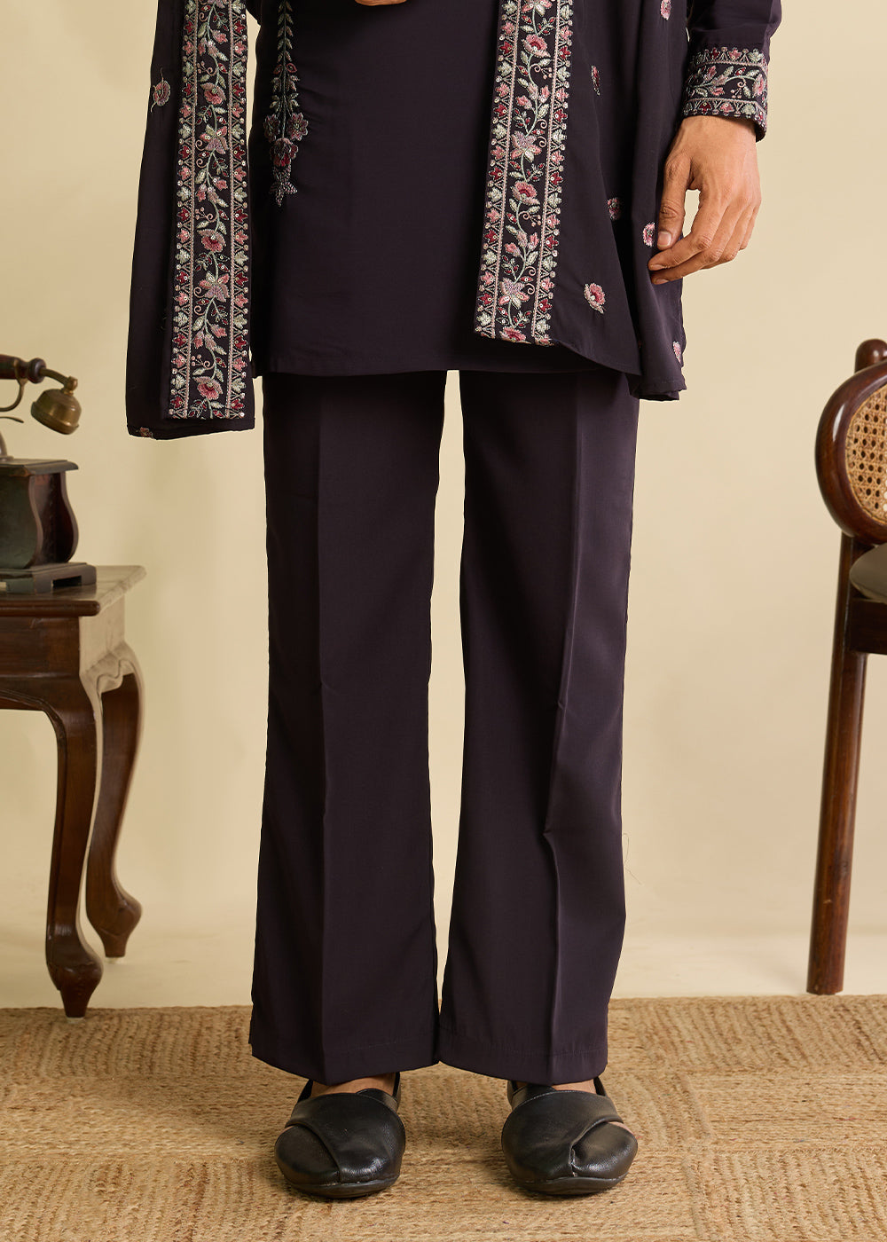 Rasin Purple Crepe Silk Kurta Pajama Set with Intricate Thread &amp; Sequin Detailing