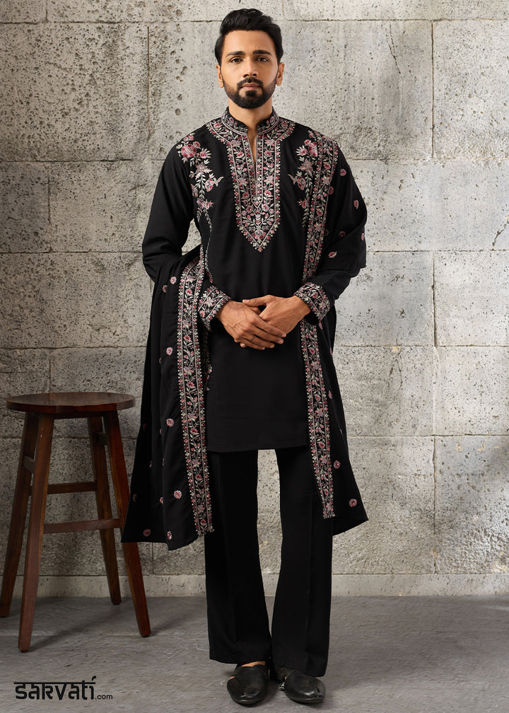 Onyx Black Crepe Silk Kurta Pajama Set with Intricate Thread &amp; Sequin Detailing