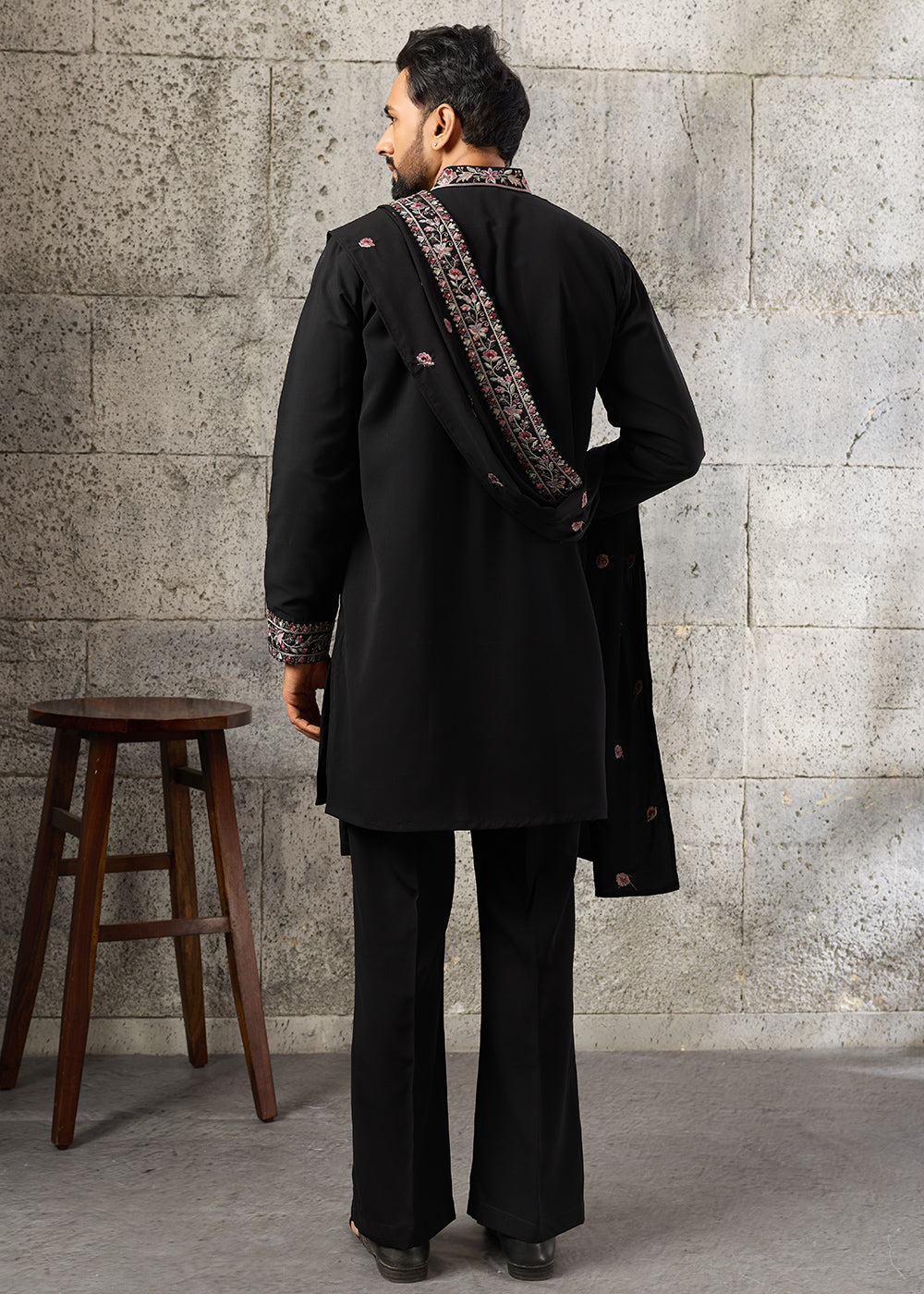 Onyx Black Crepe Silk Kurta Pajama Set with Intricate Thread & Sequin Detailing