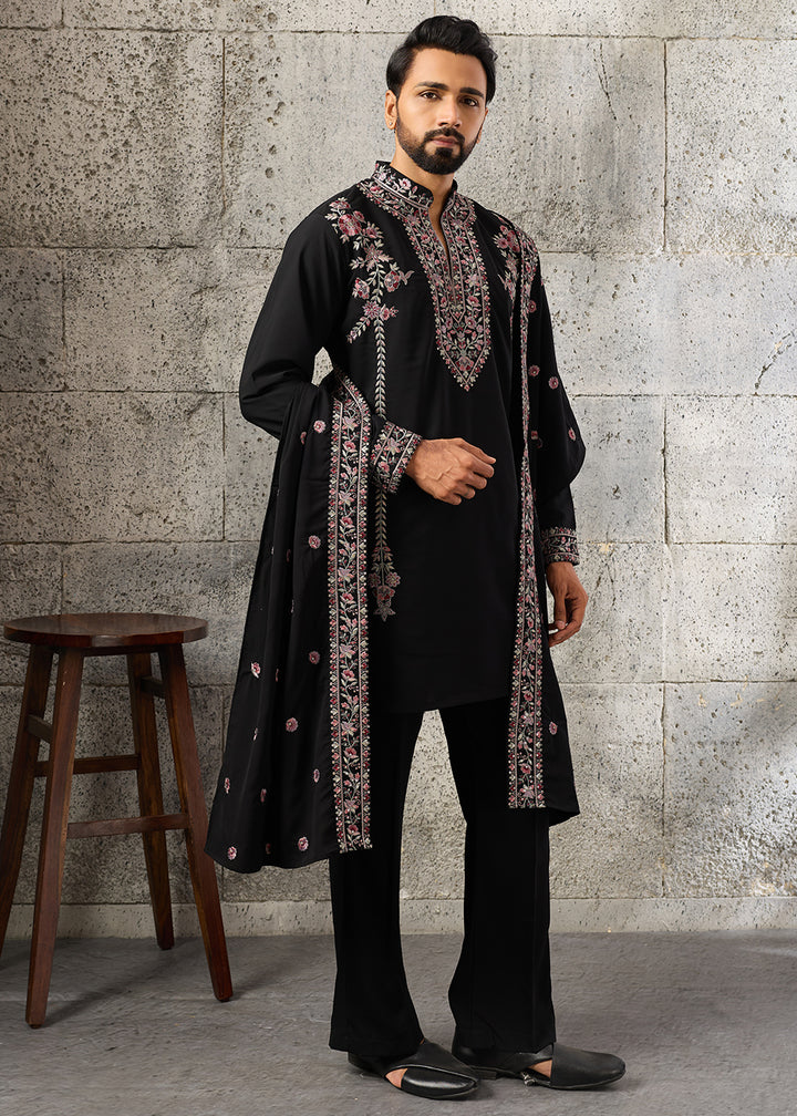 Onyx Black Crepe Silk Kurta Pajama Set with Intricate Thread &amp; Sequin Detailing