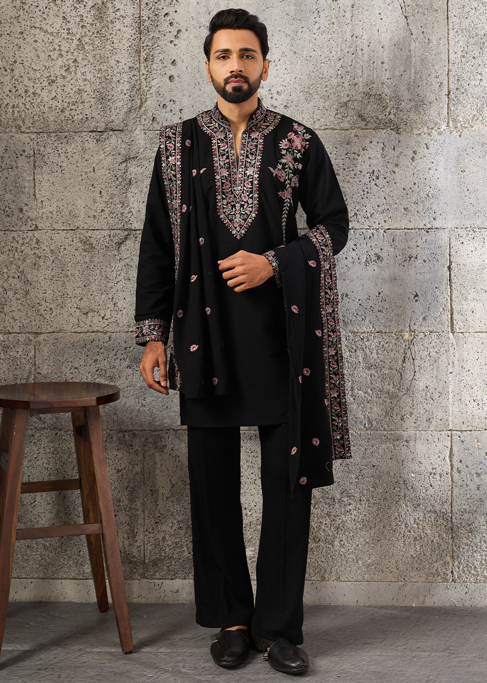 Onyx Black Crepe Silk Kurta Pajama Set with Intricate Thread &amp; Sequin Detailing