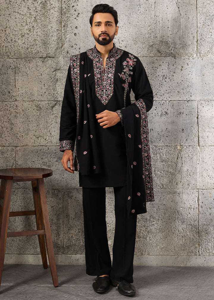 Onyx Black Crepe Silk Kurta Pajama Set with Intricate Thread &amp; Sequin Detailing