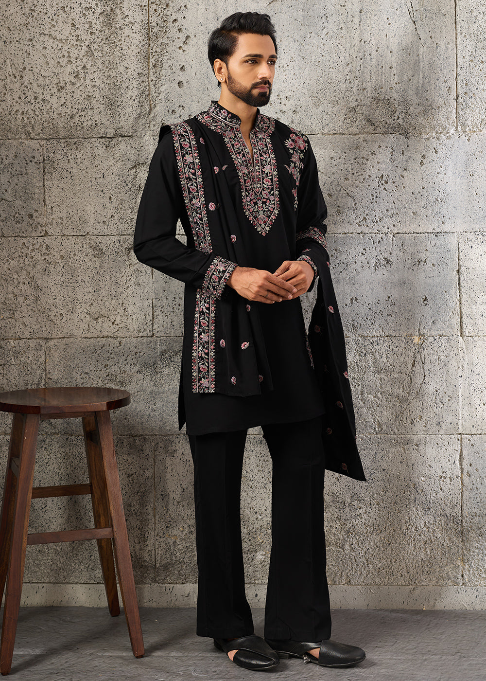 Onyx Black Crepe Silk Kurta Pajama Set with Intricate Thread &amp; Sequin Detailing