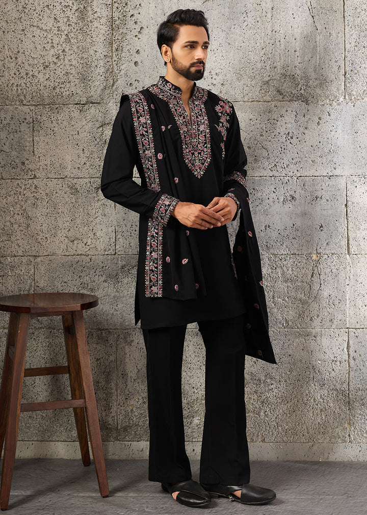 Onyx Black Crepe Silk Kurta Pajama Set with Intricate Thread &amp; Sequin Detailing