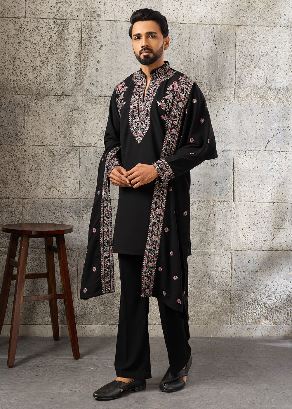 Onyx Black Crepe Silk Kurta Pajama Set with Intricate Thread &amp; Sequin Detailing