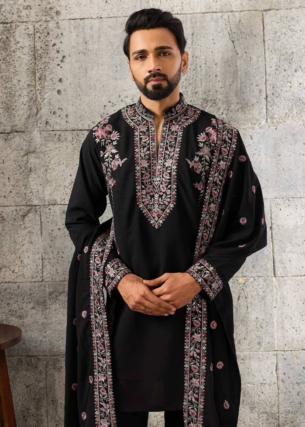 Onyx Black Crepe Silk Kurta Pajama Set with Intricate Thread &amp; Sequin Detailing