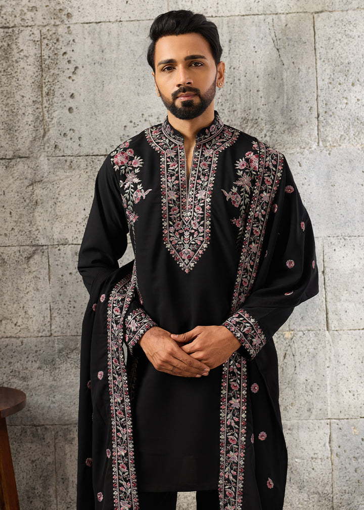 Onyx Black Crepe Silk Kurta Pajama Set with Intricate Thread &amp; Sequin Detailing