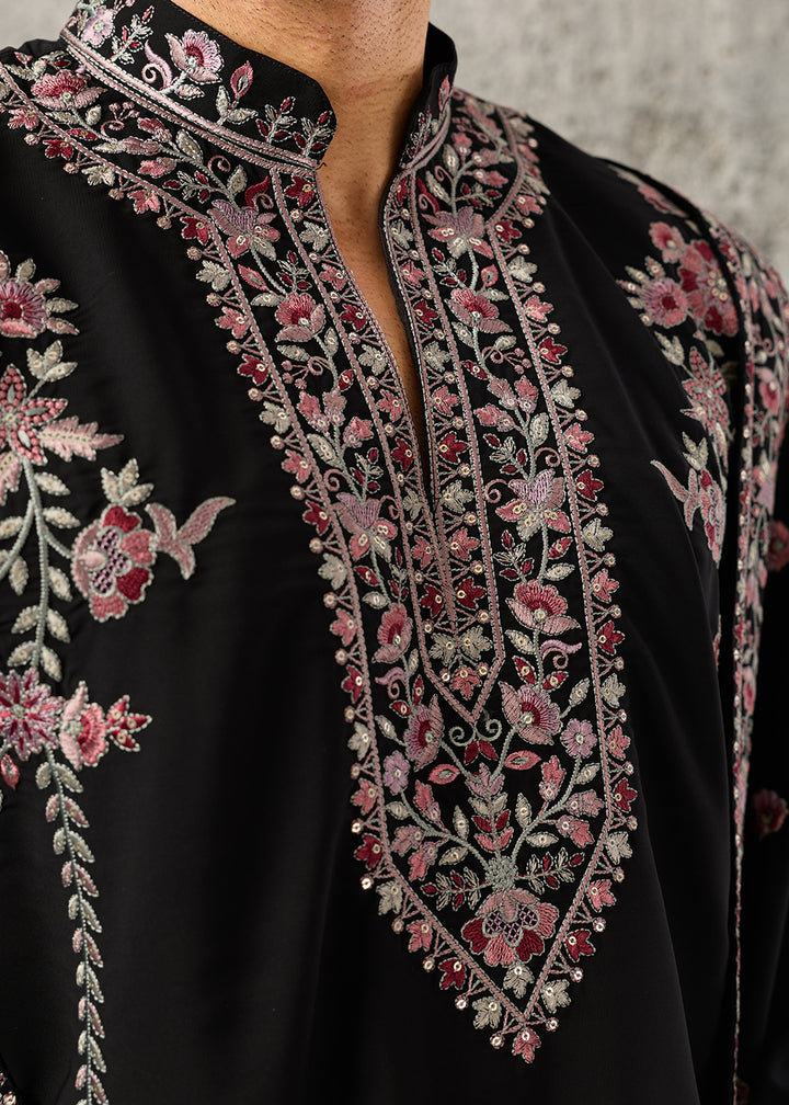 Onyx Black Crepe Silk Kurta Pajama Set with Intricate Thread &amp; Sequin Detailing