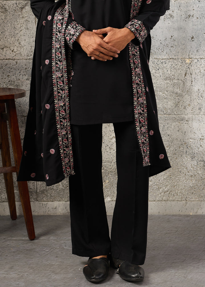 Onyx Black Crepe Silk Kurta Pajama Set with Intricate Thread &amp; Sequin Detailing
