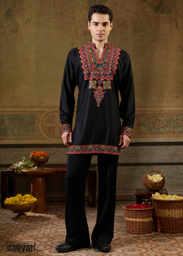 Onyx Black Rayon Kurta Set with Vivid Resham Detailing