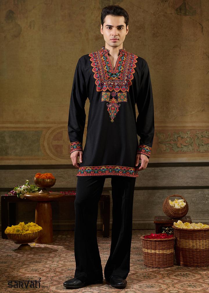 Onyx Black Rayon Kurta Set with Vivid Resham Detailing
