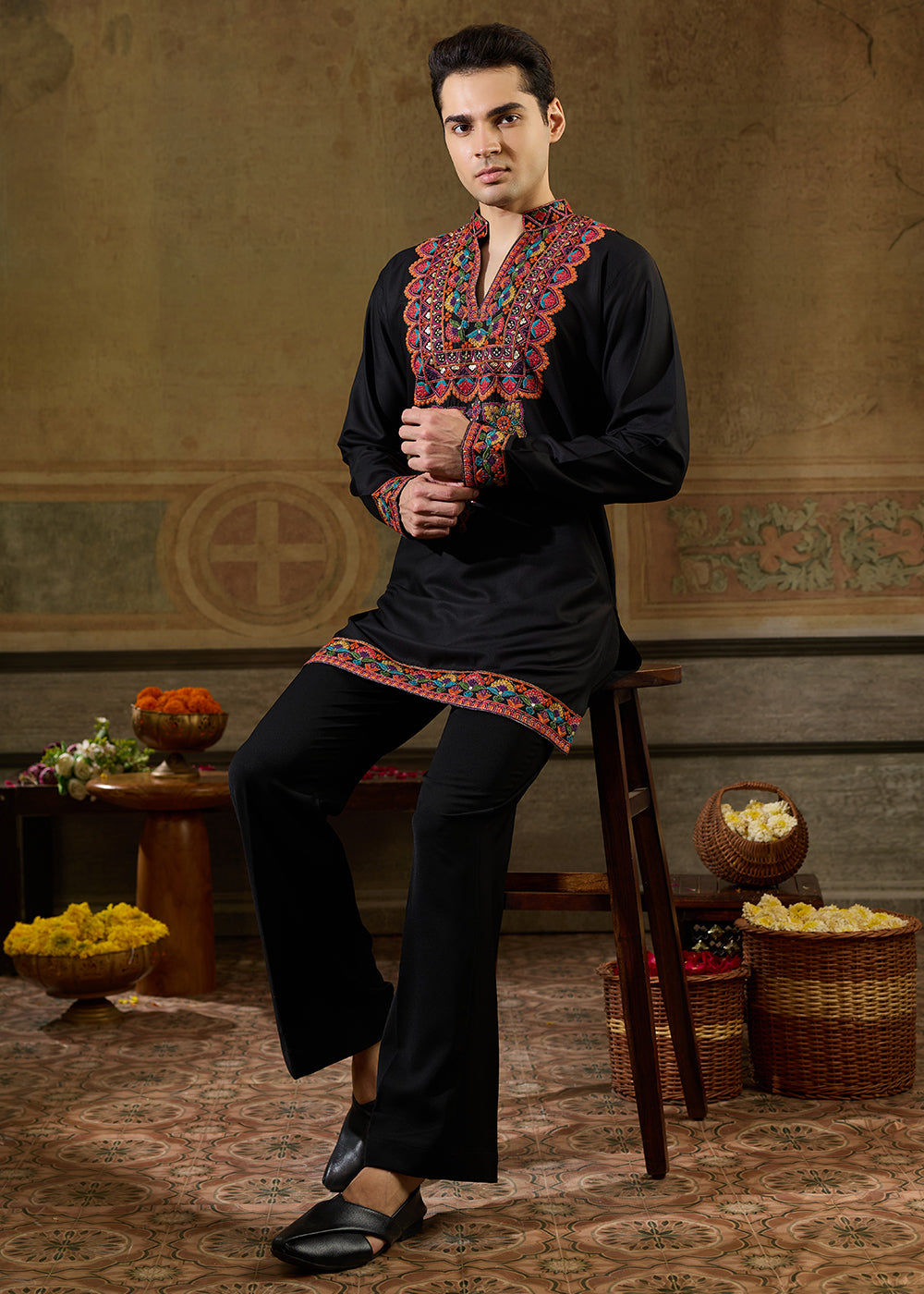 Onyx Black Rayon Kurta Set with Vivid Resham Detailing