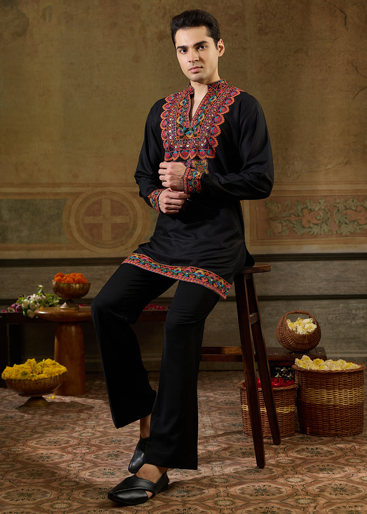 Onyx Black Rayon Kurta Set with Vivid Resham Detailing