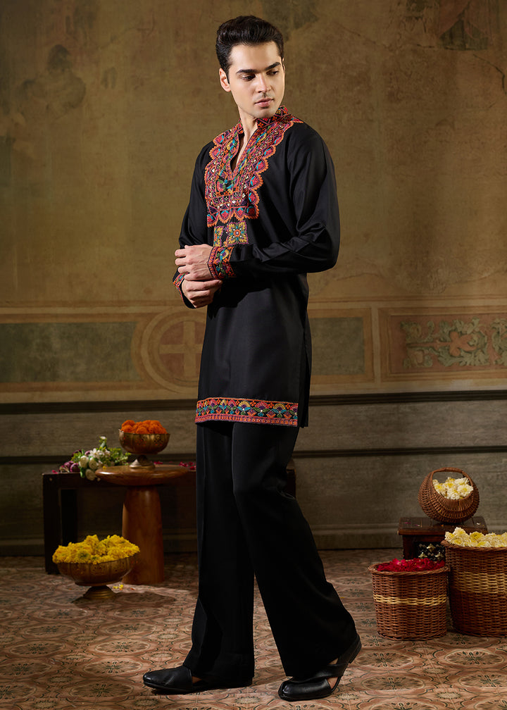 Onyx Black Rayon Kurta Set with Vivid Resham Detailing