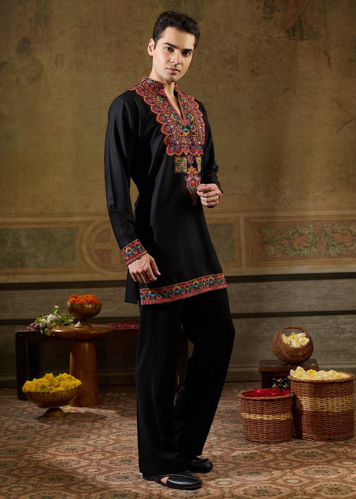 Onyx Black Rayon Kurta Set with Vivid Resham Detailing