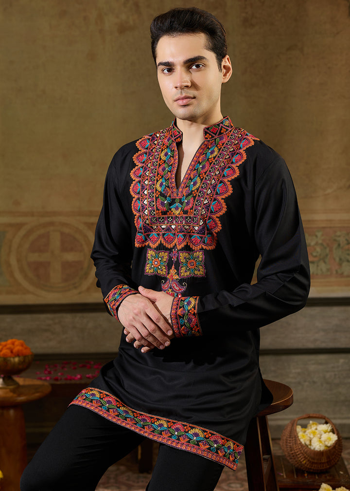 Onyx Black Rayon Kurta Set with Vivid Resham Detailing