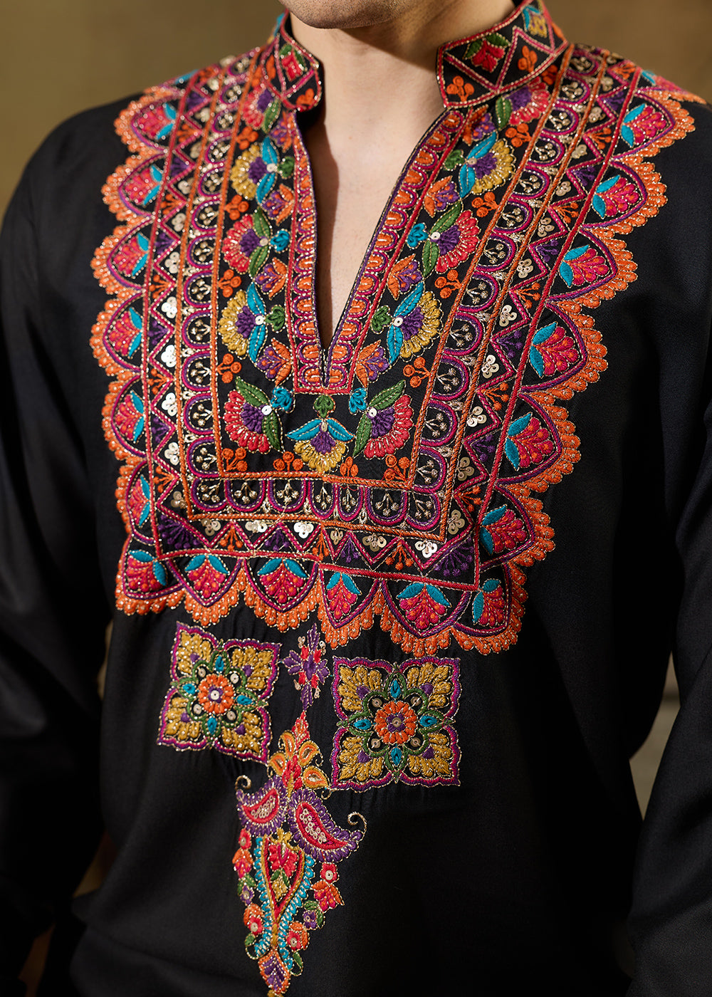 Onyx Black Rayon Kurta Set with Vivid Resham Detailing