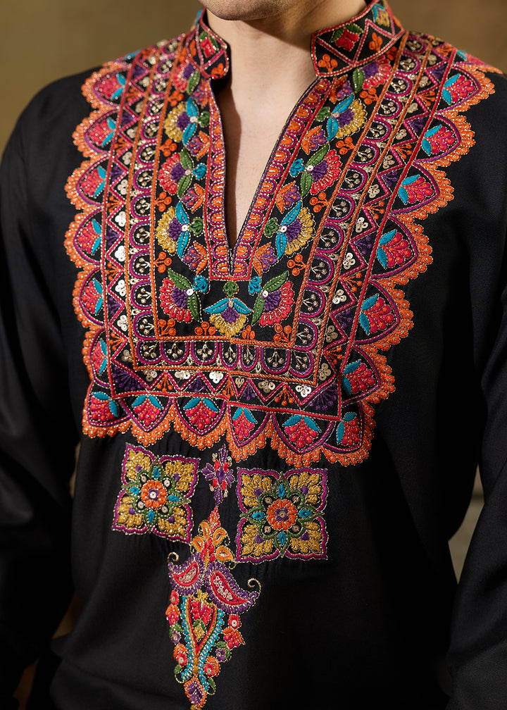 Onyx Black Rayon Kurta Set with Vivid Resham Detailing