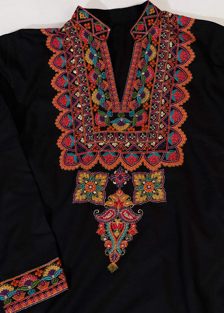 Onyx Black Rayon Kurta Set with Vivid Resham Detailing
