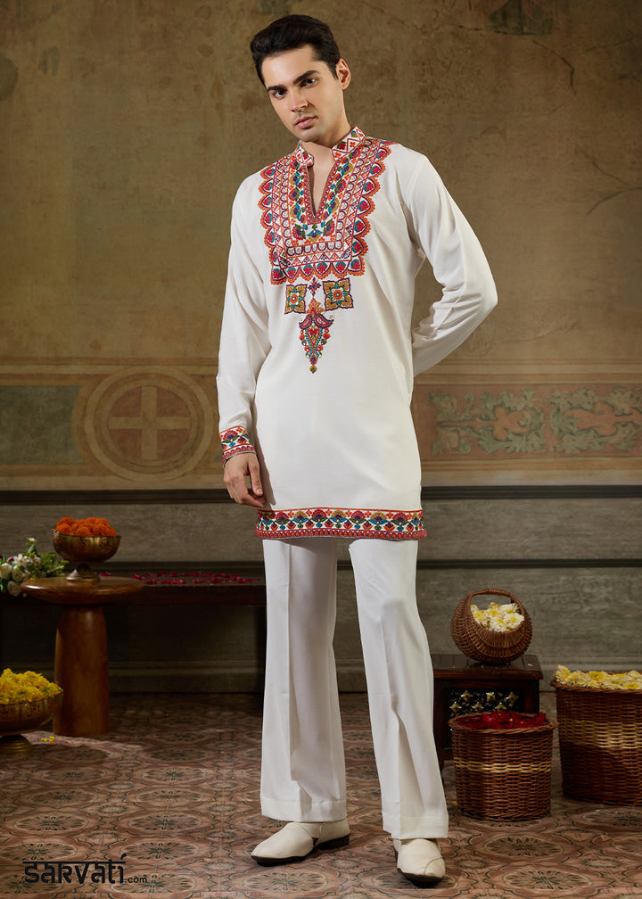 Cream White Rayon Kurta Set with Vivid Resham Detailing