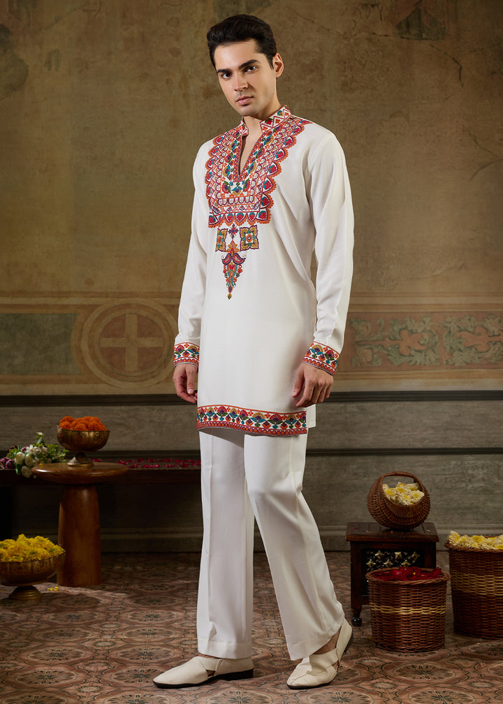 Cream White Rayon Kurta Set with Vivid Resham Detailing