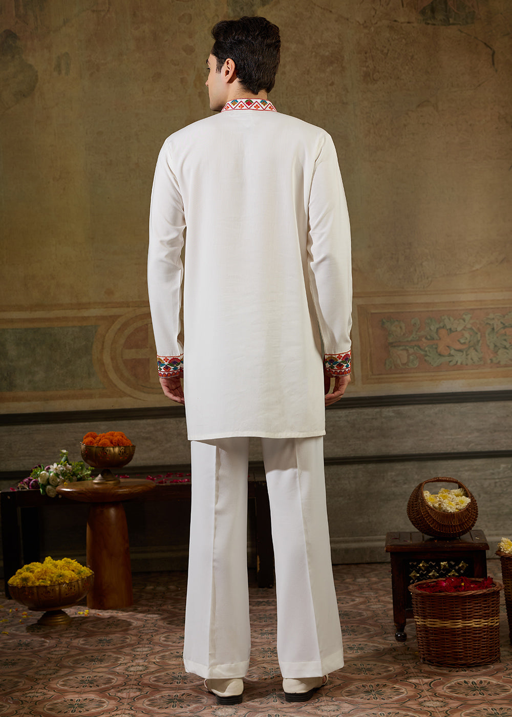 Cream White Rayon Kurta Set with Vivid Resham Detailing