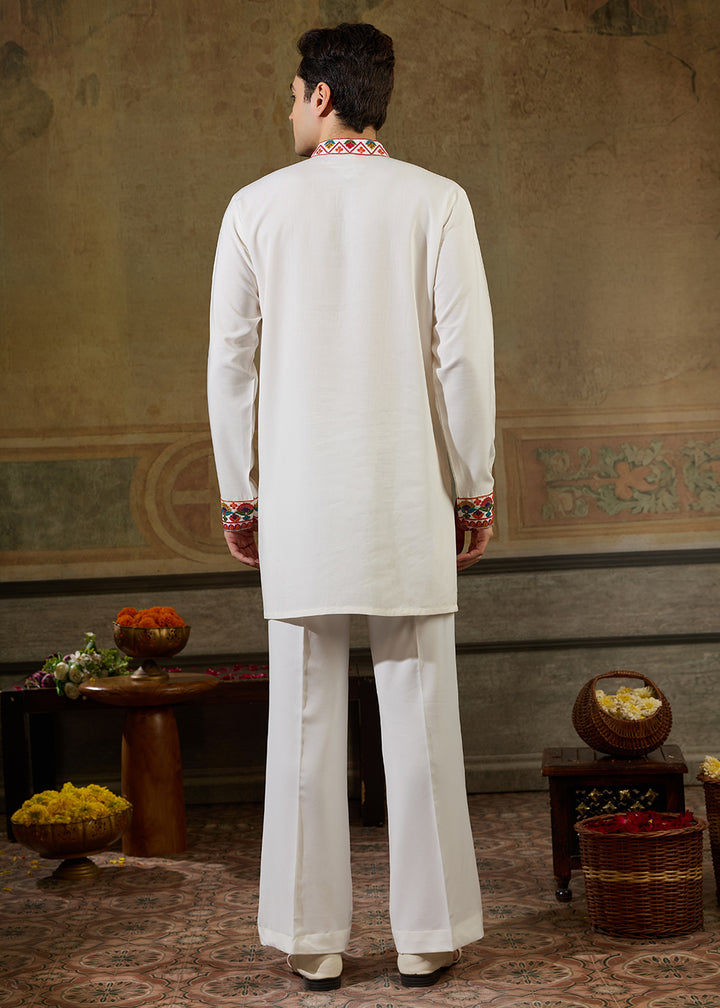 Cream White Rayon Kurta Set with Vivid Resham Detailing