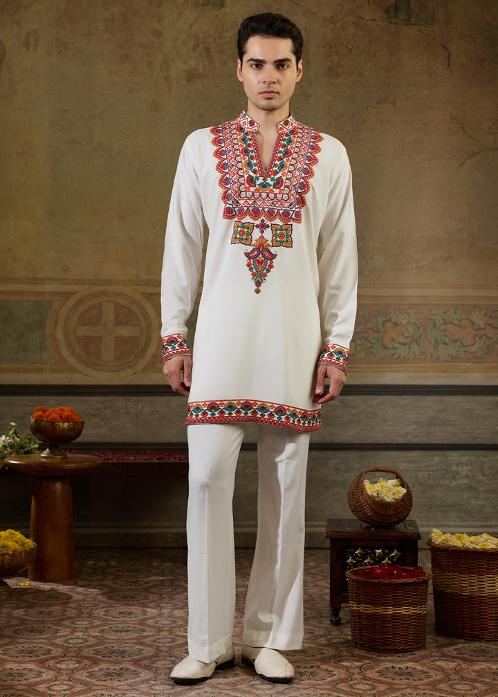 Cream White Rayon Kurta Set with Vivid Resham Detailing